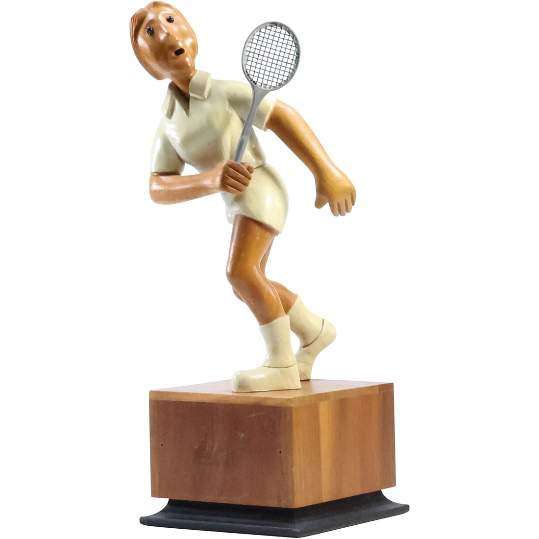 Mid-Century Modern Teak Wood Sculpture "Tennis Player" 13.5 inches height x 5 in. x 5 in.: Mid-Century Modern Teak Wood Sculpture "Tennis Player" 13.5 inches height x 5 in. x 5 in. size: 13.5 x 5 x 5