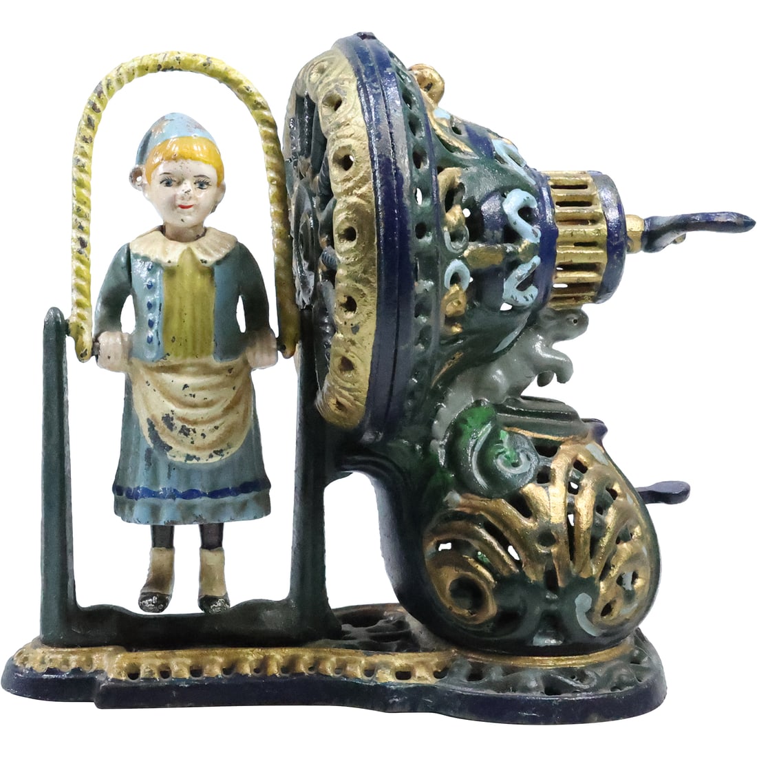 Unique Cast Iron Mechanical Coin Bank "Girl Skipping Rope" in Original Paint Finish, Works: Unique Cast Iron Mechanical Coin Bank "Girl Skipping Rope" in Original Paint Finish, Works . size: 8.5 in. height x 9 in. x 5 i.