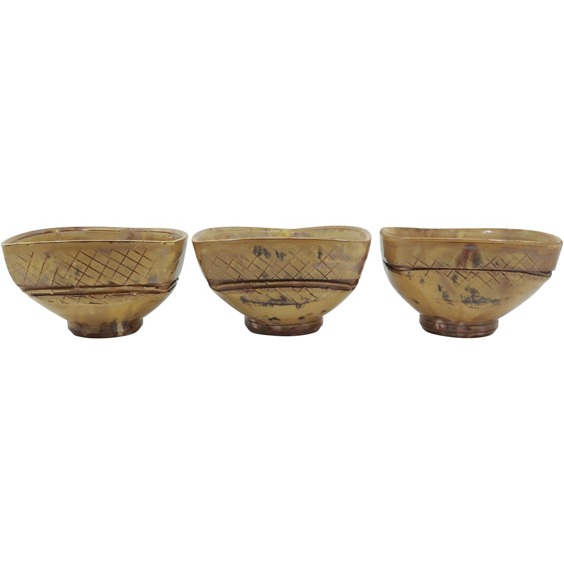 3 Redware Pottery Yellow Slip Glaze Bowls 8 inches diameter each (1 of 16)