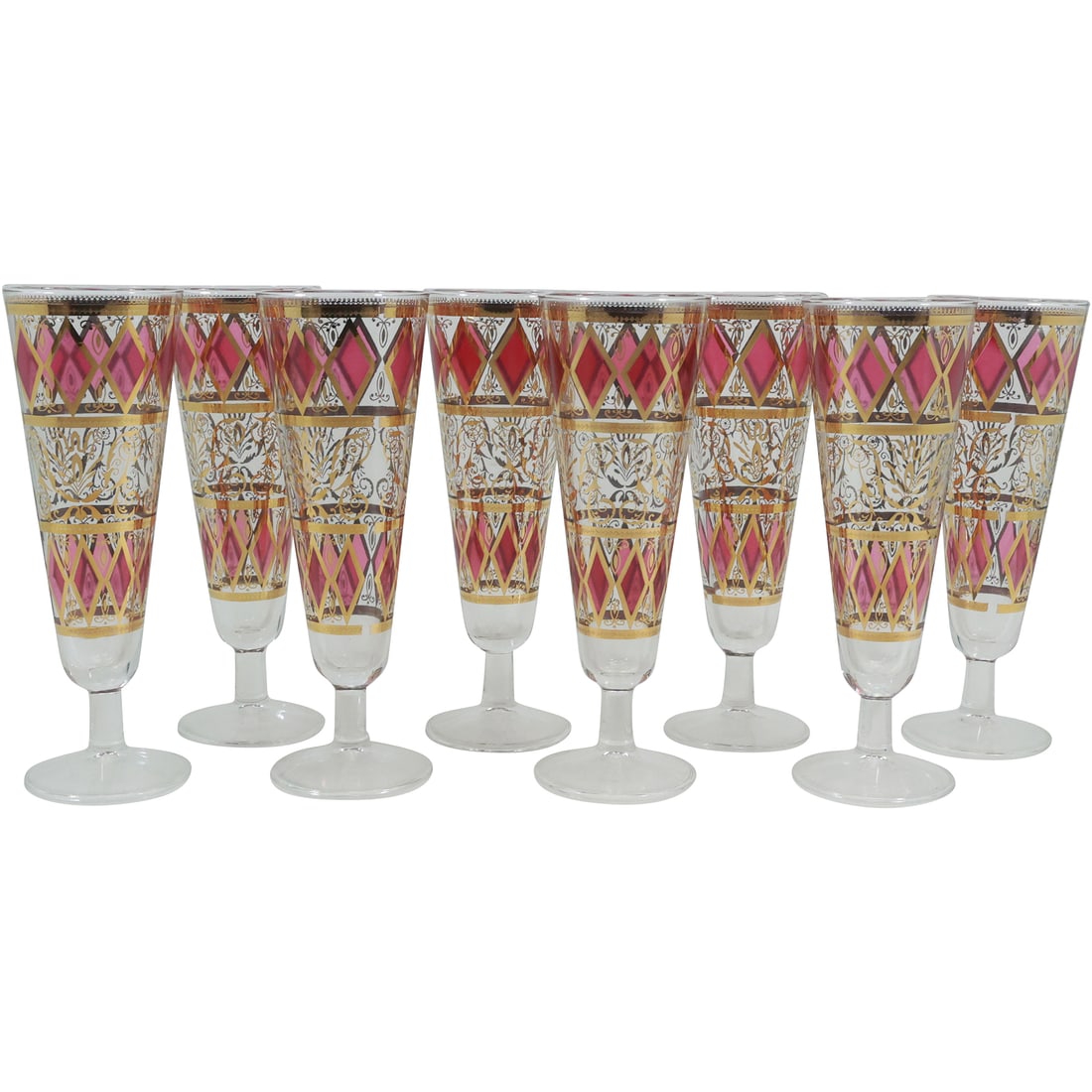 Set 8 West Virginia Glass Pilsner Glasses Red Diamond Pattern with Gold Accents, Barware: Set 8 West Virginia Glass Pilsner Glasses Red Diamond Pattern with Gold Accents, Barware. size: 8.25 in. x 2.75 in.