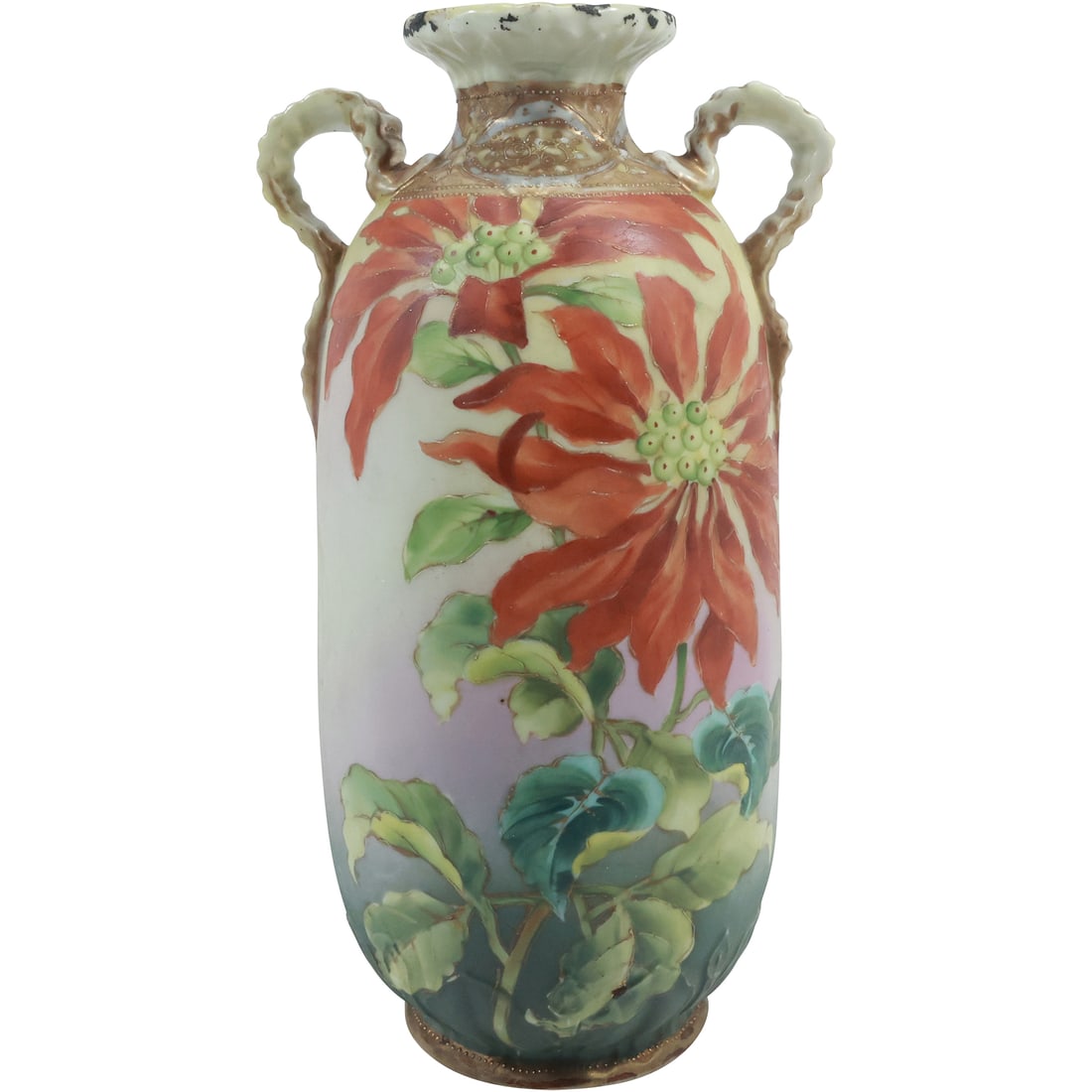 NIPPON Hand Painted Handles Vase Red Poinsettia 11 inches height x 6 in. wide: NIPPON Hand Painted Handles Vase Red Poinsettia 11 inches height x 6 in. wide. Top shows old repair See Picture. size: 11x6