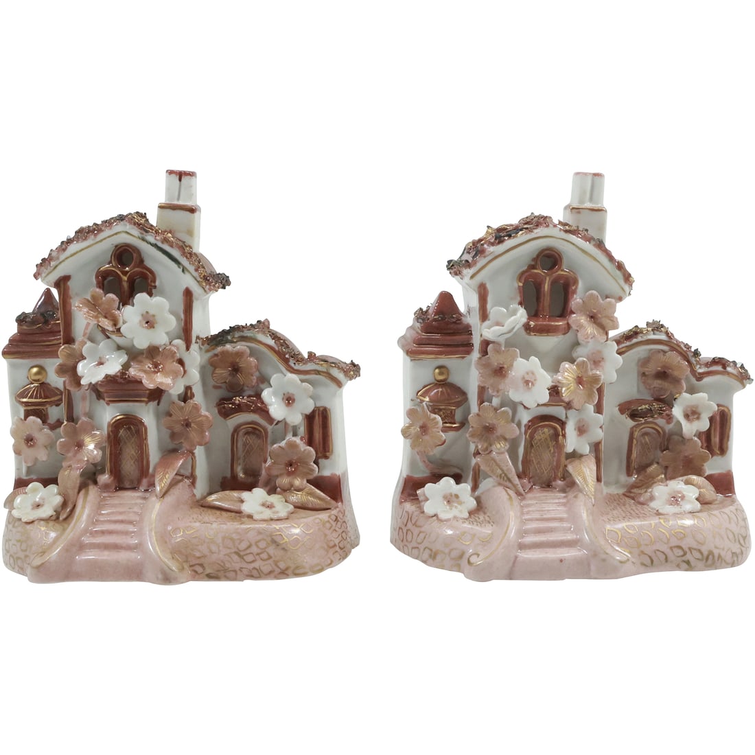 Pair Fine Porcelain Houses With Applied Flowers Statues / Bookends (1 of 20)