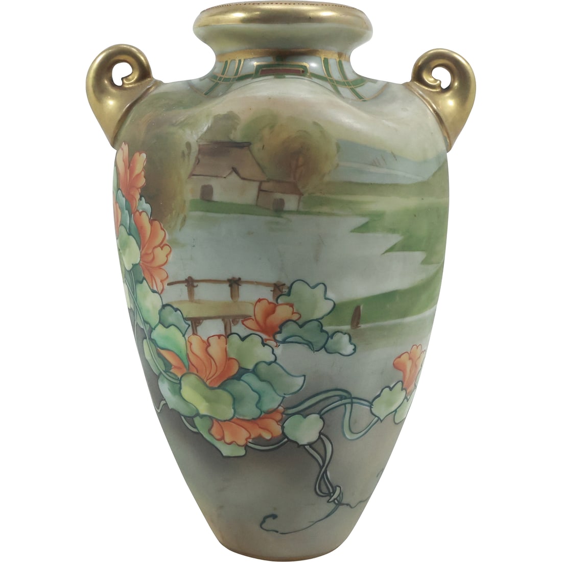 NIPPON Hand Painted Porcelain Vase Arts and Crafts Landscape with Cottages, Lake (1 of 20)