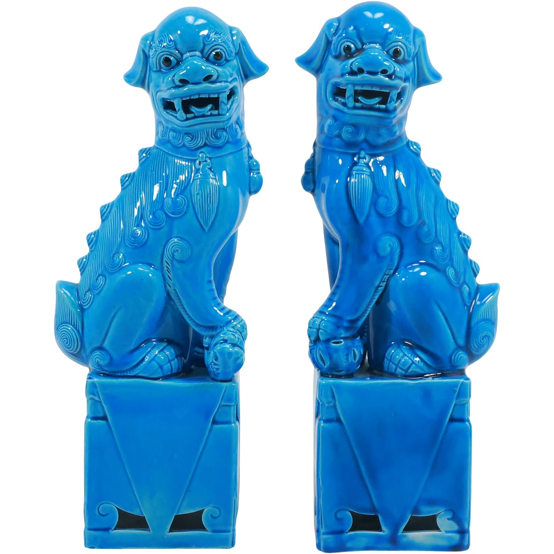 Pair Chinese Teal Blue Glazed Porcelain Foo Dog Statues Garnitures 12.25 inches height (1 of 20)