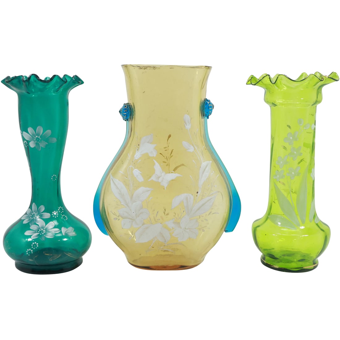 3 Assorted Victorian Color Glass Vases with Enamel Decoration (1 of 18)
