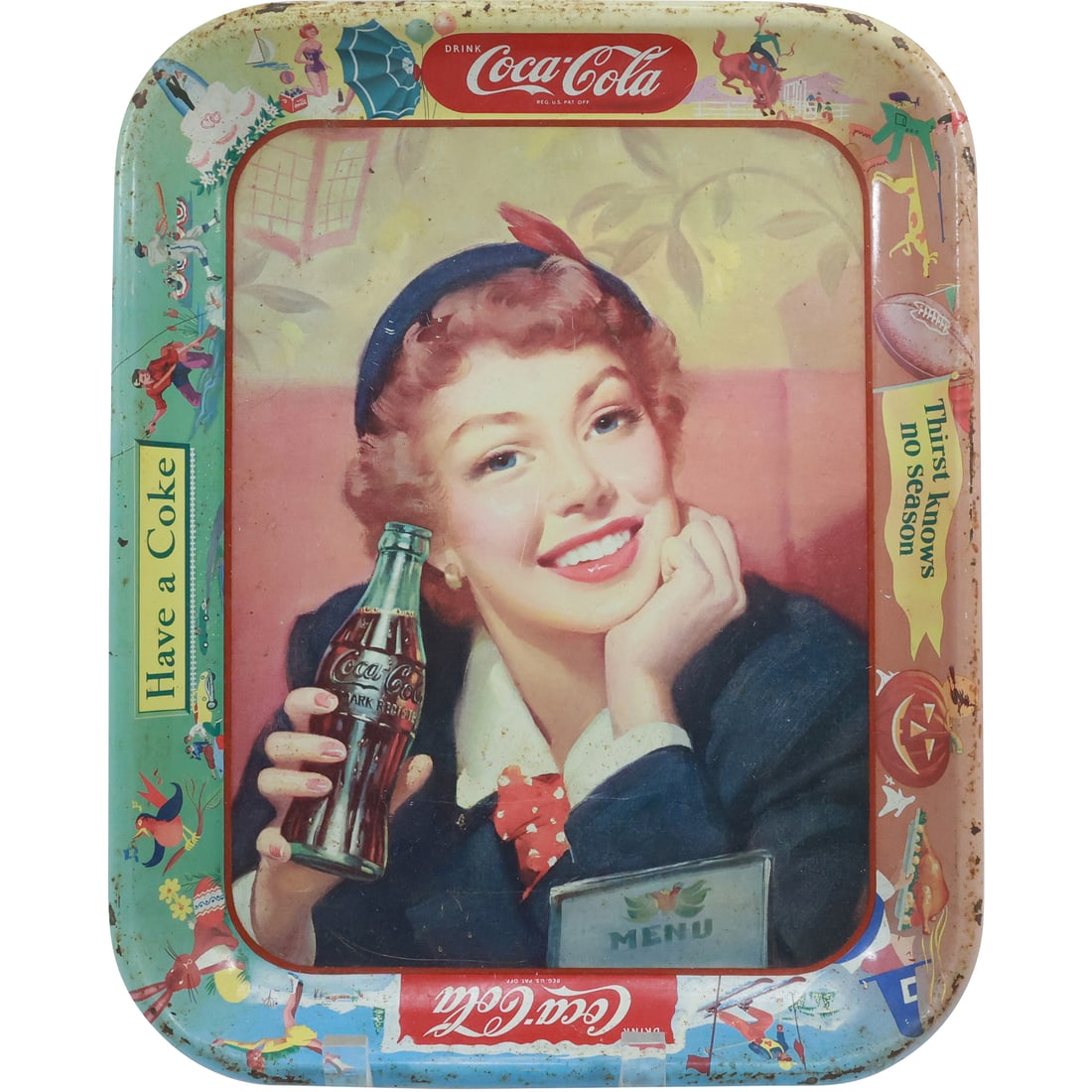Vintage 1950s Tin Coca Cola Serving Tray with Menu Girl Portrait 13.25 in. x 10.75 in. (1 of 20)