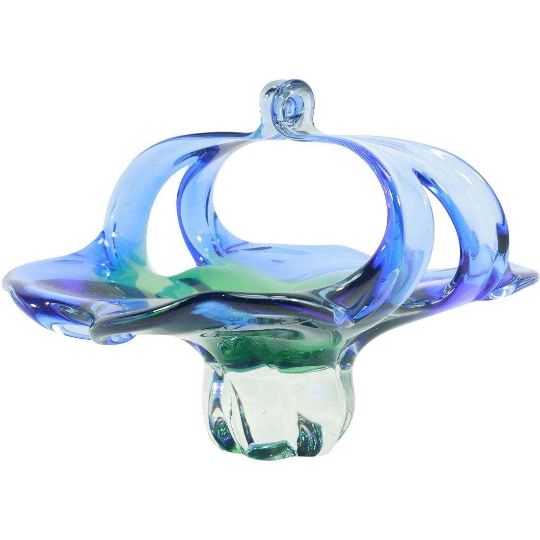 Carlucci Glass Works Sculptured Art Glass Basket Bowl Green, Blue, Clear 8 in. height x 10.25 in. w. (1 of 20)