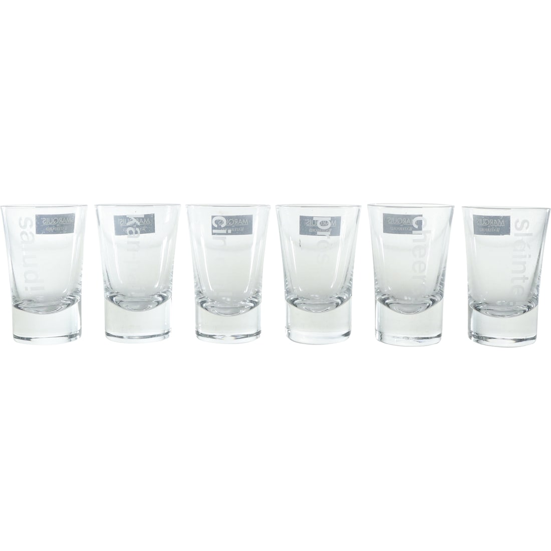 Set 6 Marquis WATERFORD Crystal Glass Shot Glasses in Original Round Box "Cheers!": Set 6 Marquis WATERFORD Crystal Glass Shot Glasses in Original Round Box "Cheers!" size: 2.75x1.75 (6x glasses), 4.25x6.5 (box)