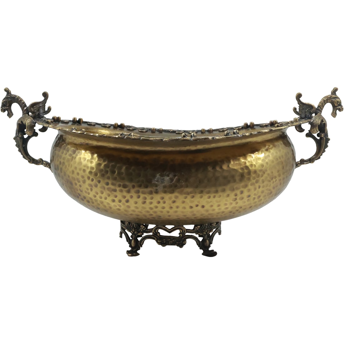 Large Arts and Crafts Hand Hammered Brass Centerpiece Bowl on Base with Griffin Handles (1 of 20)