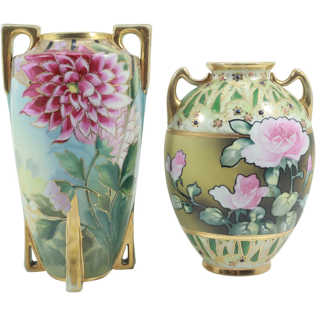 2 Hand Painted NIPPON Fancy Floral Vases with Gold Gilt Accents 10.5 in. & 9 in. heights (1 of 20)