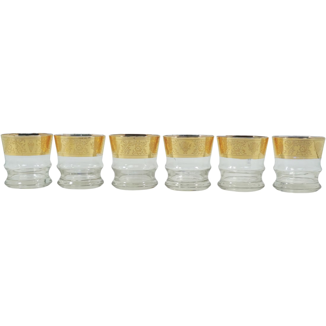6 Vintage Tiffin Glass Whiskey Glasses with Gold Banded Rim Barware: 6 Vintage Tiffin Glass Whiskey Glasses with Gold Banded Rim Barware. size: 3.75 in. x 3.75 in.