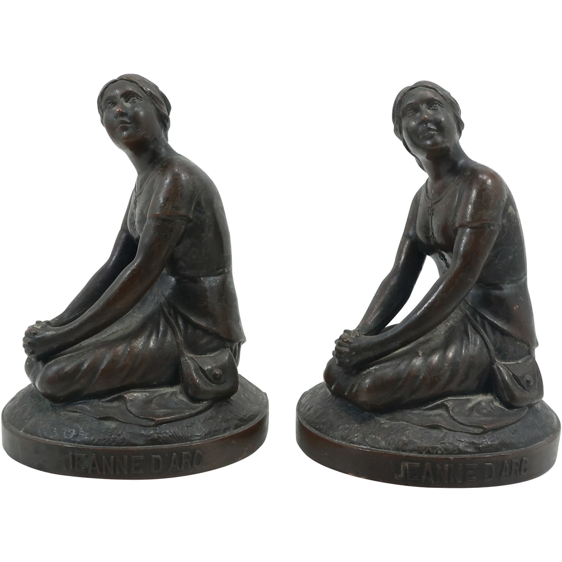 PAIR OF ANTIQUE BOOKENDS JEANNE D'ARC, Bronze Clad, JB 1876 [Jennings Bros.]: PAIR OF ANTIQUE BOOKENDS JEANNE D'ARC, Bronze Clad, JB 1876 [Jennings Bros.] size: 6 in. x 4.5 in.