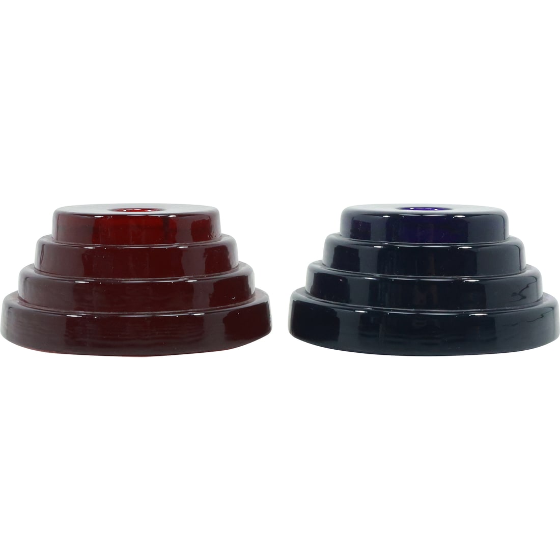 2 Mid-Century Modern Art Deco Round Glass Candlesticks Deep Red and Deep Blue 4.25 in. dia. (1 of 16)