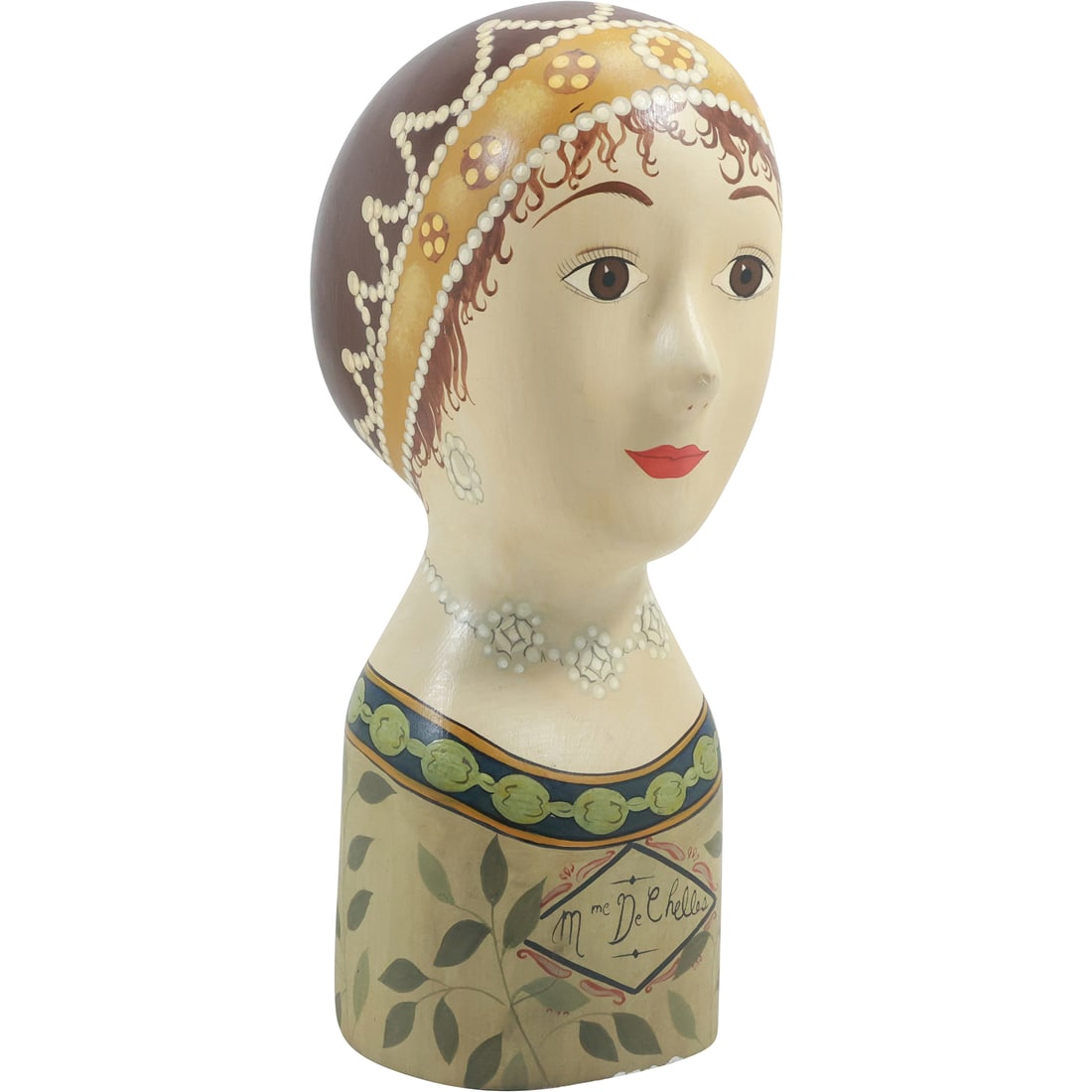 20th C. French Hat Wig Stand Ladies Bust Hand Painted M De Chelles, 14 inches height x 7.5 in. (1 of 20)