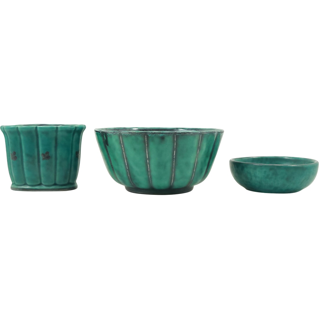 3 Assorted Gustavsberg Sweden Green Pottery Planter and 2 Bowls: 3 Assorted Gustavsberg Sweden Green Pottery Planter and 2 Bowls. size: 2.25 in. x 3 in., 2 in. x 4.5 in., 1 in. x 3.25 in.