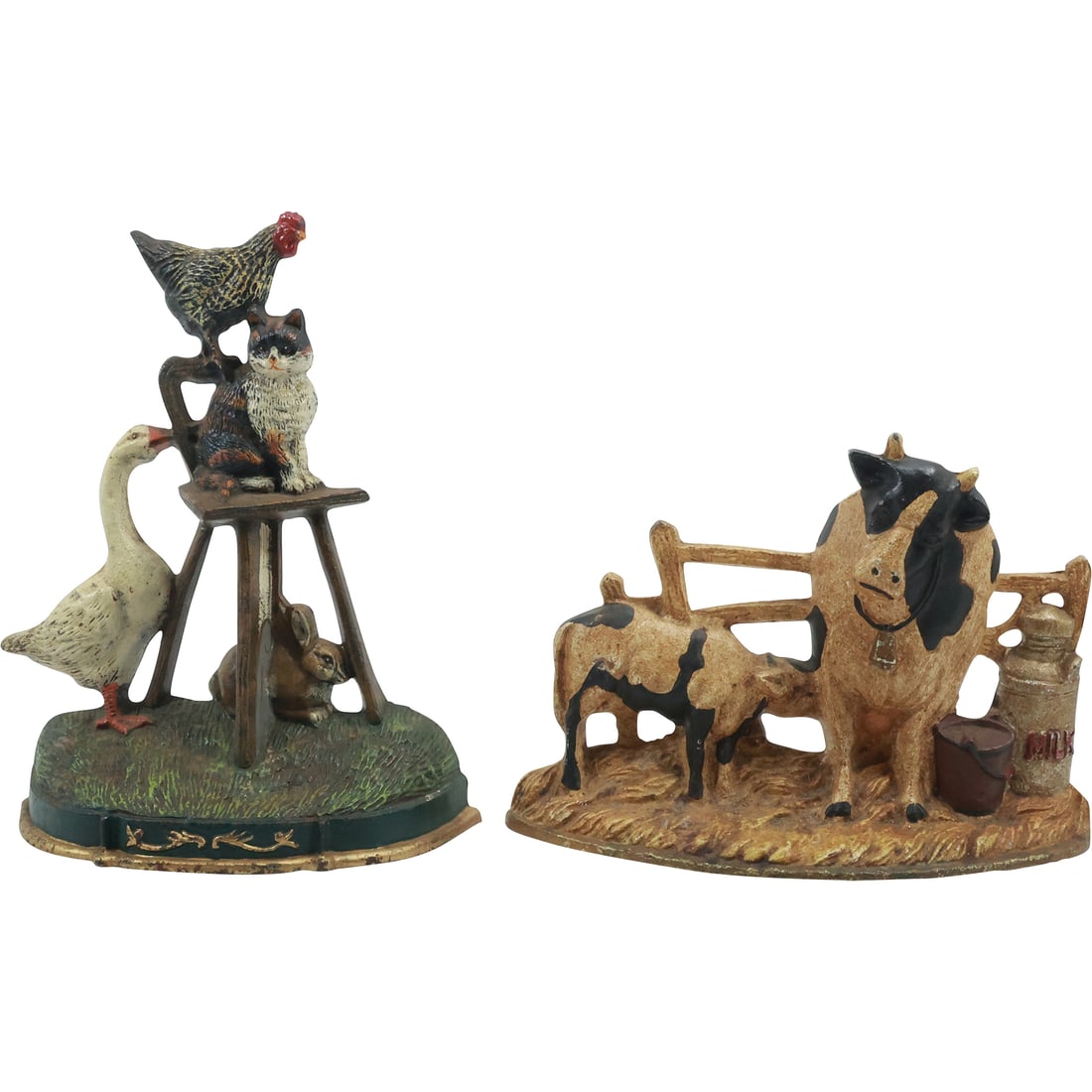 2 Novelty Cast Iron Barnyard Animals Doorstops both in Original Paint Finish: 2 Novelty Cast Iron Barnyard Animals Doorstops both in Original Paint Finish. size: 11.5 in. x 9 in. (animals), 7.75 in. x 11 in. (cows)