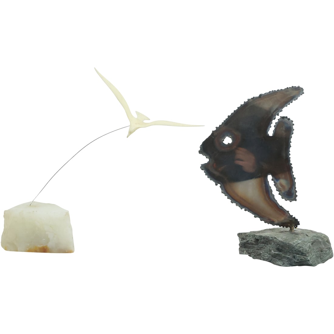 2 Mid-Century Modern Sculptures Mounted on Stone Bases, Seagull and Brutalist Fish (1 of 19)