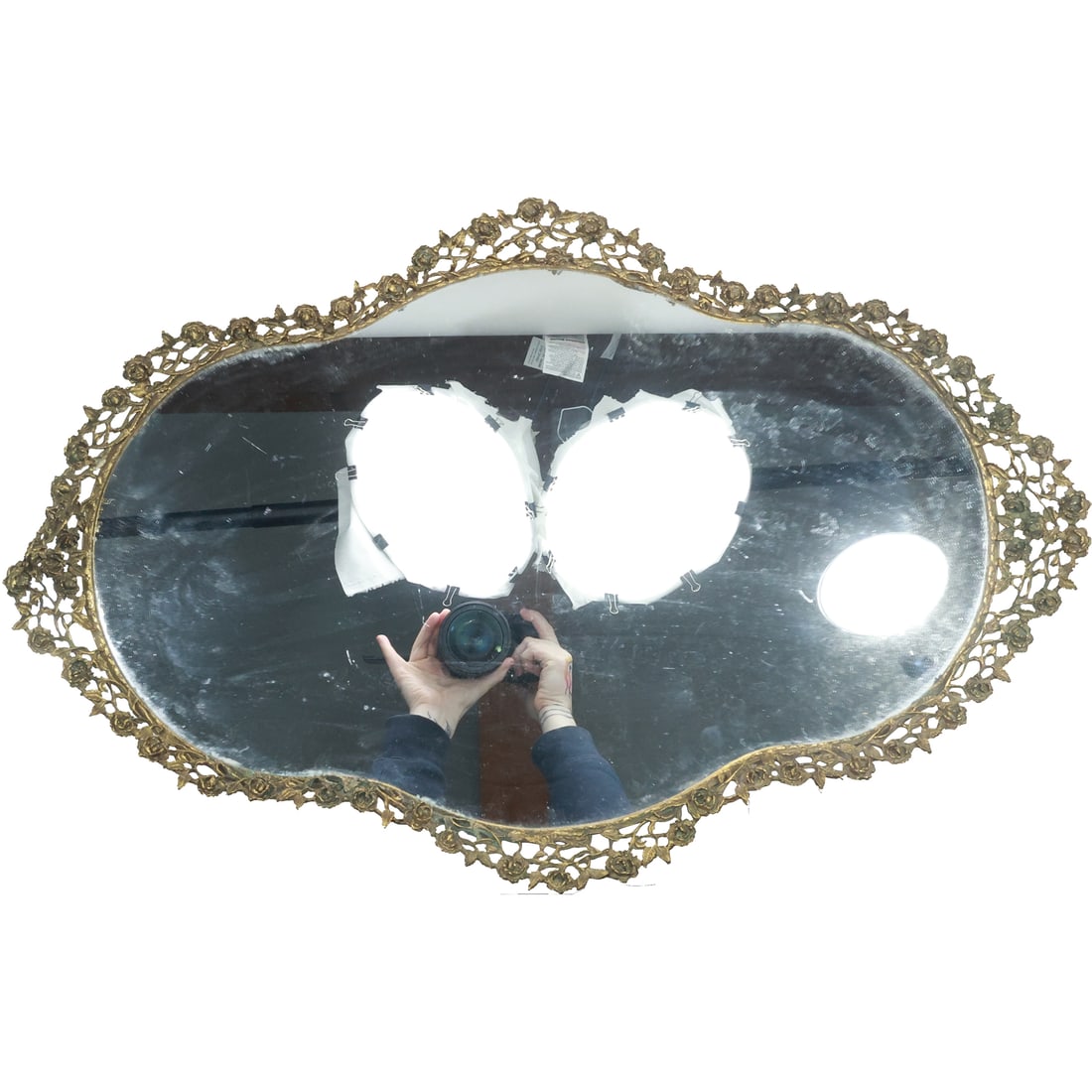Circa 1940s Shaped Dresser Top Mirrored Tray with Metal Fancy Rim Embossed Flowers 25 in. length (1 of 20)