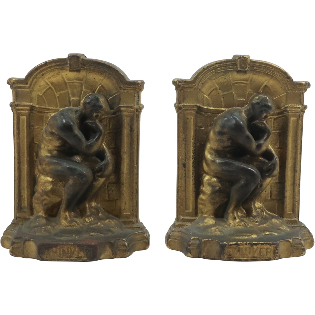 Circa 1920 Cast Iron Bookends Rodin "The Thinker" Seated Nude Male in Original Patina: Circa 1920 Cast Iron Bookends Rodin "The Thinker" Seated Nude Male in Original Patina. size: 5.25 in. x 4.25 in.