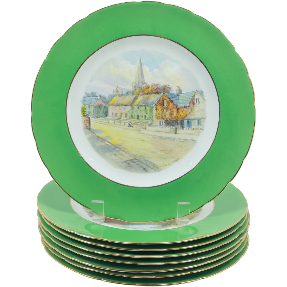 8 Royal Crown Derby Assorted Scenic Cabinet Plates with Green Border 10.25 in. diameter (1 of 18)