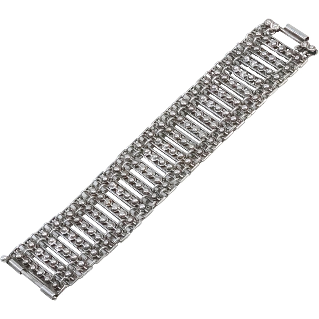 Sterling Silver Unsigned Designer Wide Bracelet Beaded Connective Bar Pattern, Weighs 57.2 grams: Sterling Silver Unsigned Designer Wide Bracelet Beaded Connective Bar Pattern, Weighs 57.2 grams, pin closure, 7 in. x 1 1/4 in.