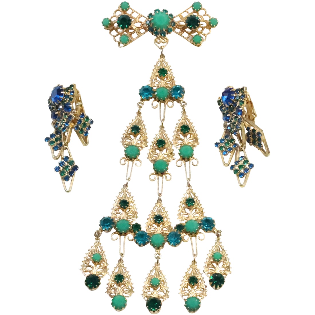 3-Piece Unsigned Rhinestone Pin and Clip on Earrings: 3-Piece Unsigned Rhinestone Pin 5 1/2 in. x 2 3/4 in. and Clip on Earrings 2 in. x 1 in.