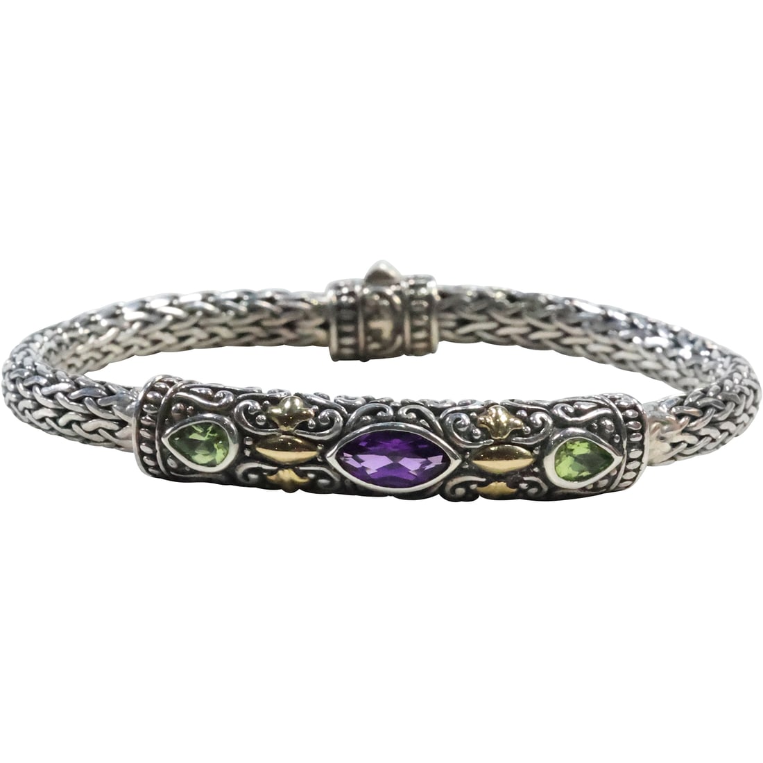 .925 Sterling Silver and 18K GOLD, BJC with Purple Amethyst, Peridot Bracelet; Samuel Benham: .925 Sterling Silver and 18K GOLD, BJC with Purple Amethyst, Peridot Bracelet; Samuel Benham. 7 3/4 in. x 3/8 in.