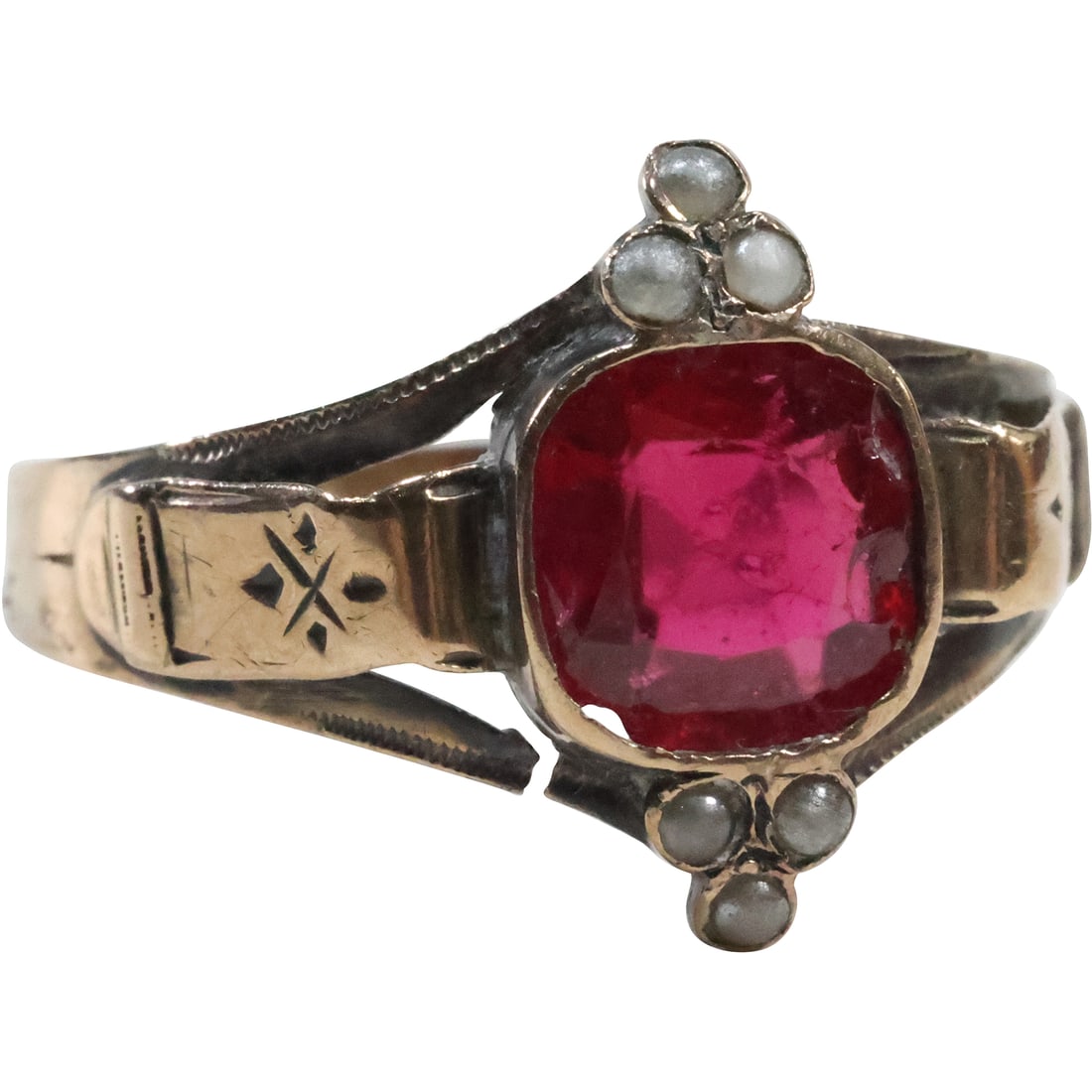 10K GOLD with Ruby and Seed Pearls Victorian Ring size 8.5 [ note damage to stone] (1 of 11)