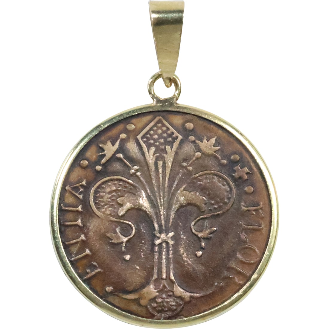 marked 767 750 [18K Gold]on bail and frame Florin Coin Pendant Silver / Bronze 1 1/4 in. x 1 in.: marked 767 750 [18K Gold]on bail and frame Florin Coin Pendant Silver / Bronze 1 1/4 in. x 1 in.