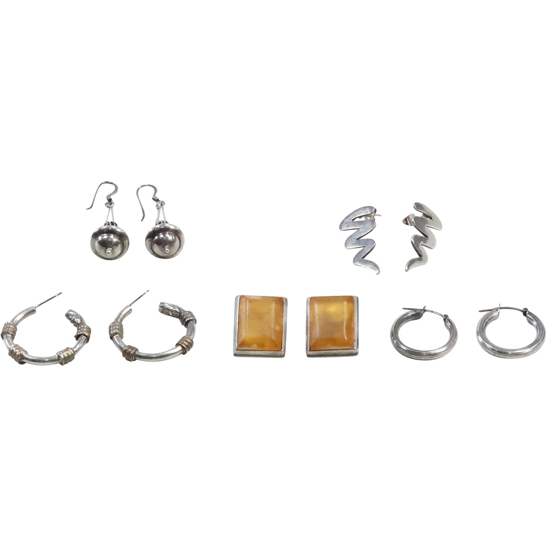 5 Assorted Pairs Sterling Silver Earrings : Amber Color Stones Clip-ons, Ridged Hoops, Hoops with (1 of 20)