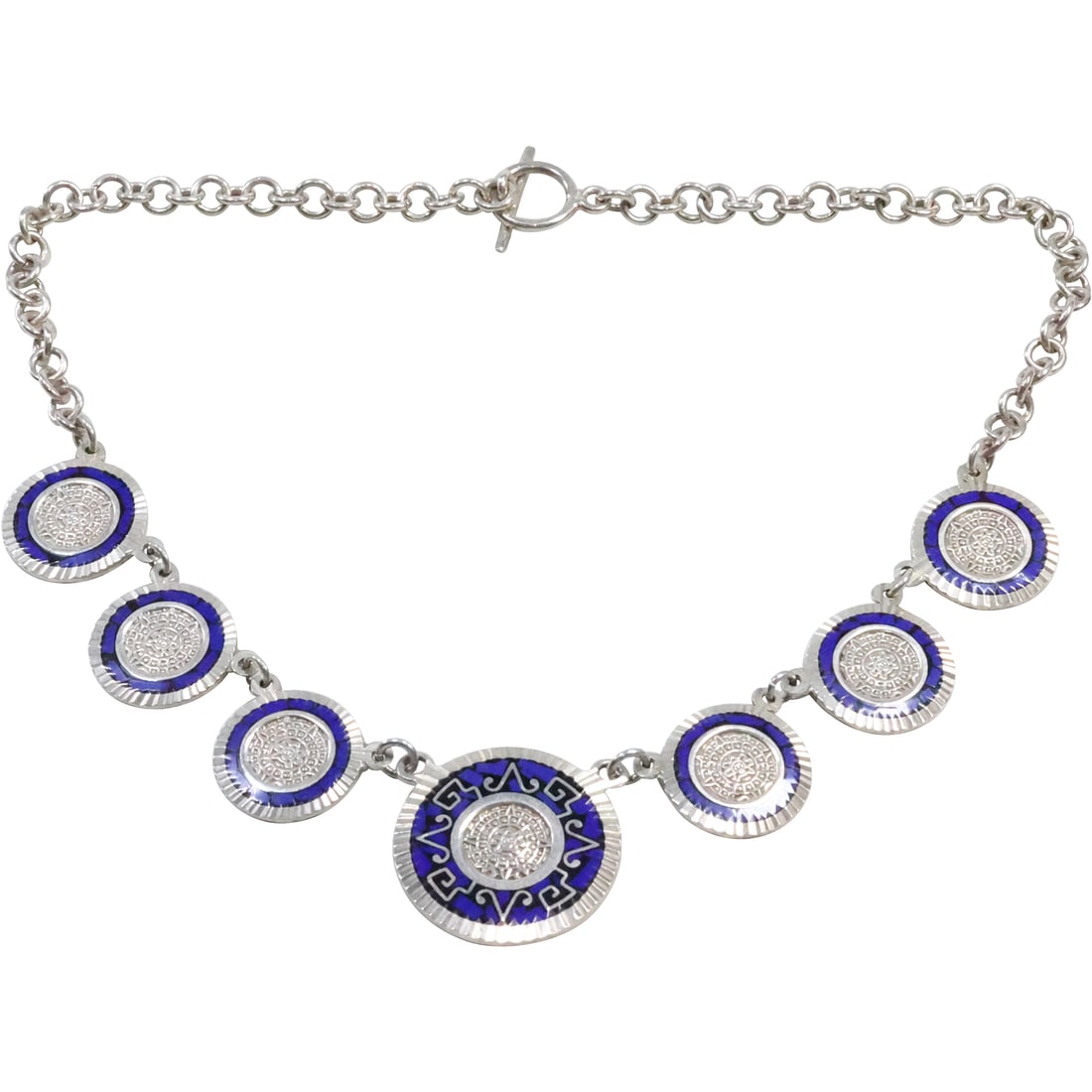 TG 271 Mexico .925 Sterling Silver and Blue Enameling 7 Round Tribal Coins Necklace Toggle Closure: TG 271 Mexico .925 Sterling Silver and Blue Enameling 7 Round Tribal Coins Necklace Toggle Closure, 17 in. x 1 1/4 in.