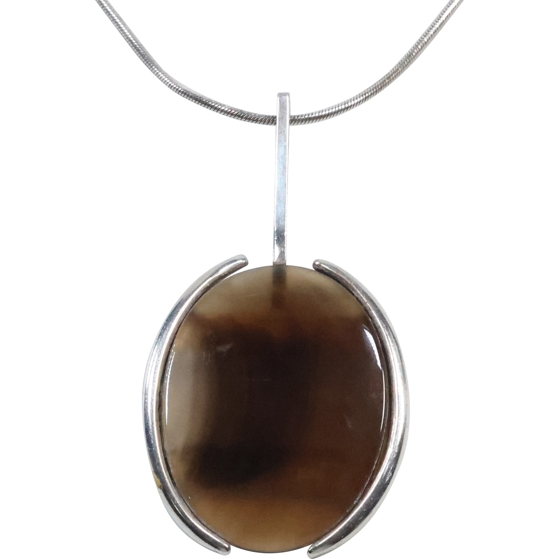 Sterling Silver "Cory" Brown Polished Stone in Sterling Modern Frame Pendant Necklace .925 Chain (1 of 18)