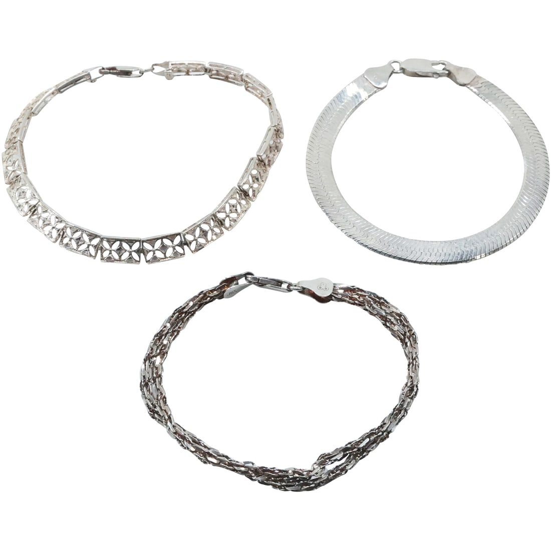 3 Assorted Sterling Silver Bracelets: .925 Herringbone, .925 Open Filigree Panels, Double Strand (1 of 20)