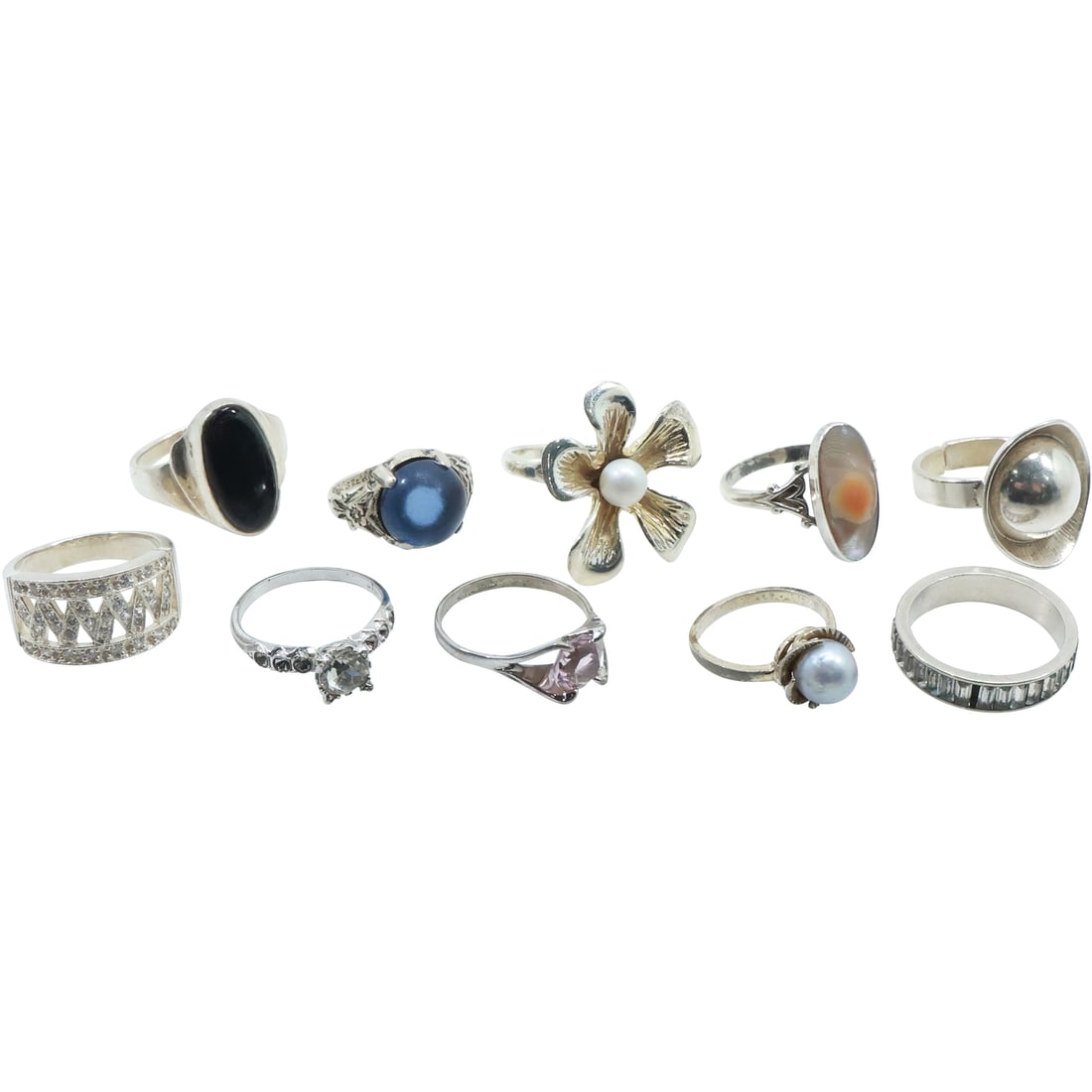 10 Assorted Sterling Silver Rings: MOP Shell Ring, Black Onyx, Sterling Button, CZ Band, Peal Flower (1 of 19)