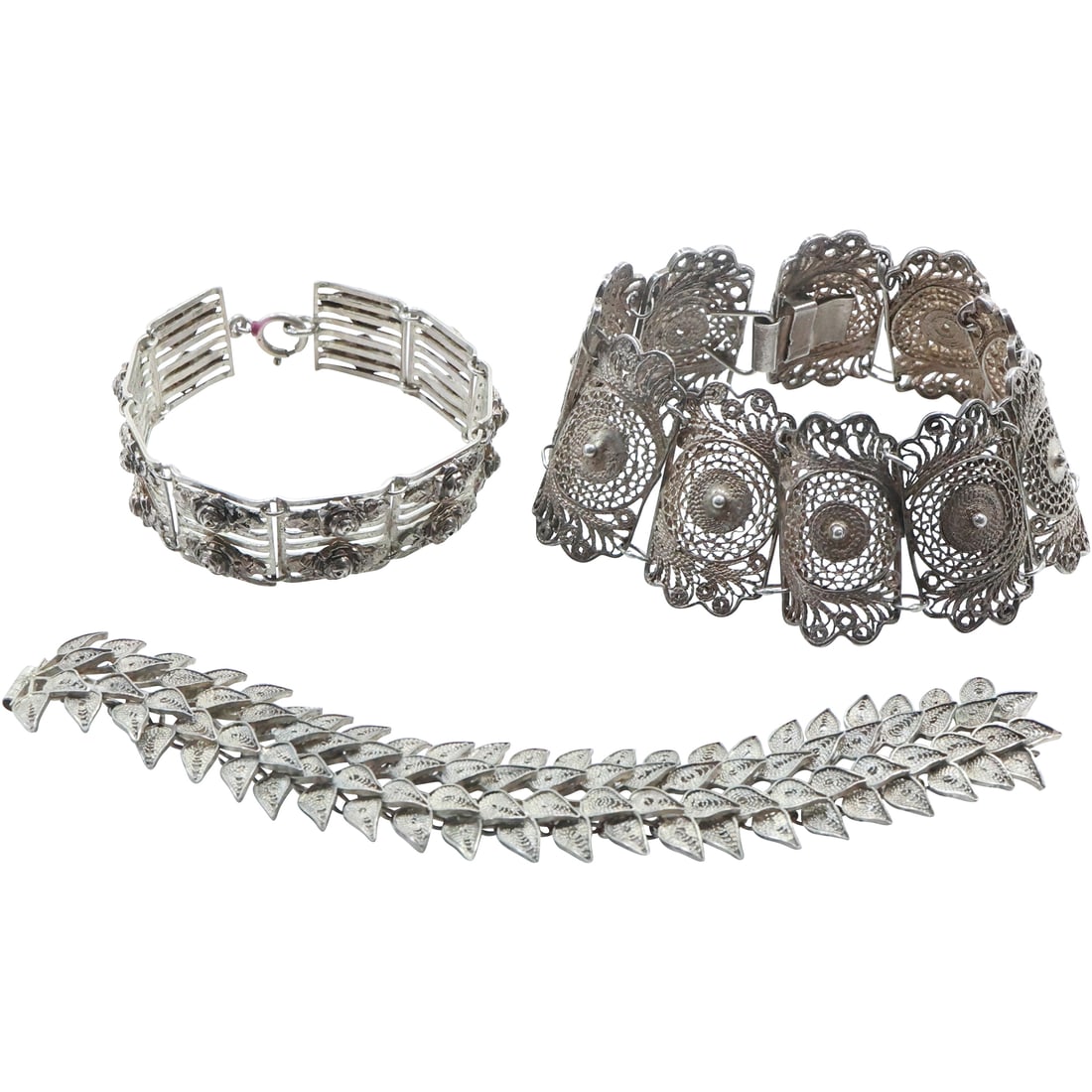 3 Assorted Sterling Silver Filigree Bracelets: .935 Palestine Leaf, Large Panel Filigree with Dot, (1 of 20)