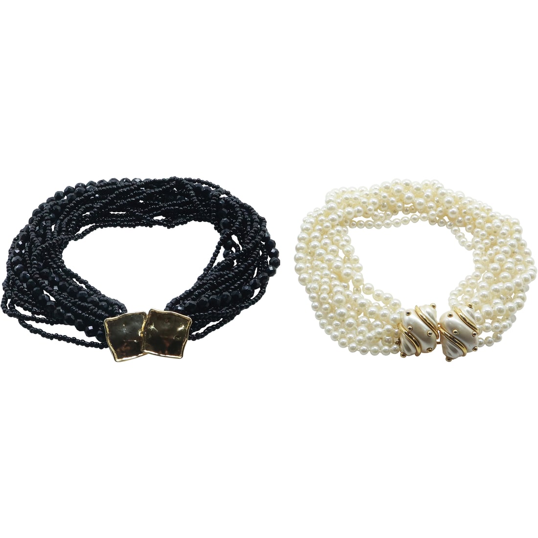 14-Strand Jet Black Glass Bead Necklace and 8-Strand Faux Pearls Kenneth Lane Sea Shell Clasp (1 of 20)