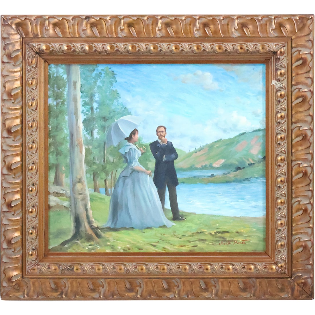 Claude Monet 20th C. Giclee on Canvas Lady with Parasol and Gentleman at Lake Side Landscape (1 of 20)