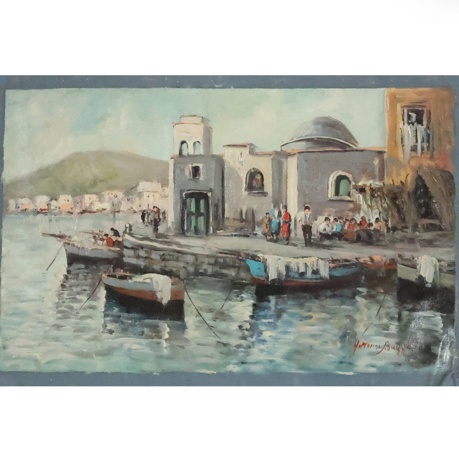 Antonio Buzza, Oil on Canvas Unstretched, Boats Docked at European Town Port: Antonio Buzza, Oil on Canvas Unstretched, Boats Docked at European Town Port