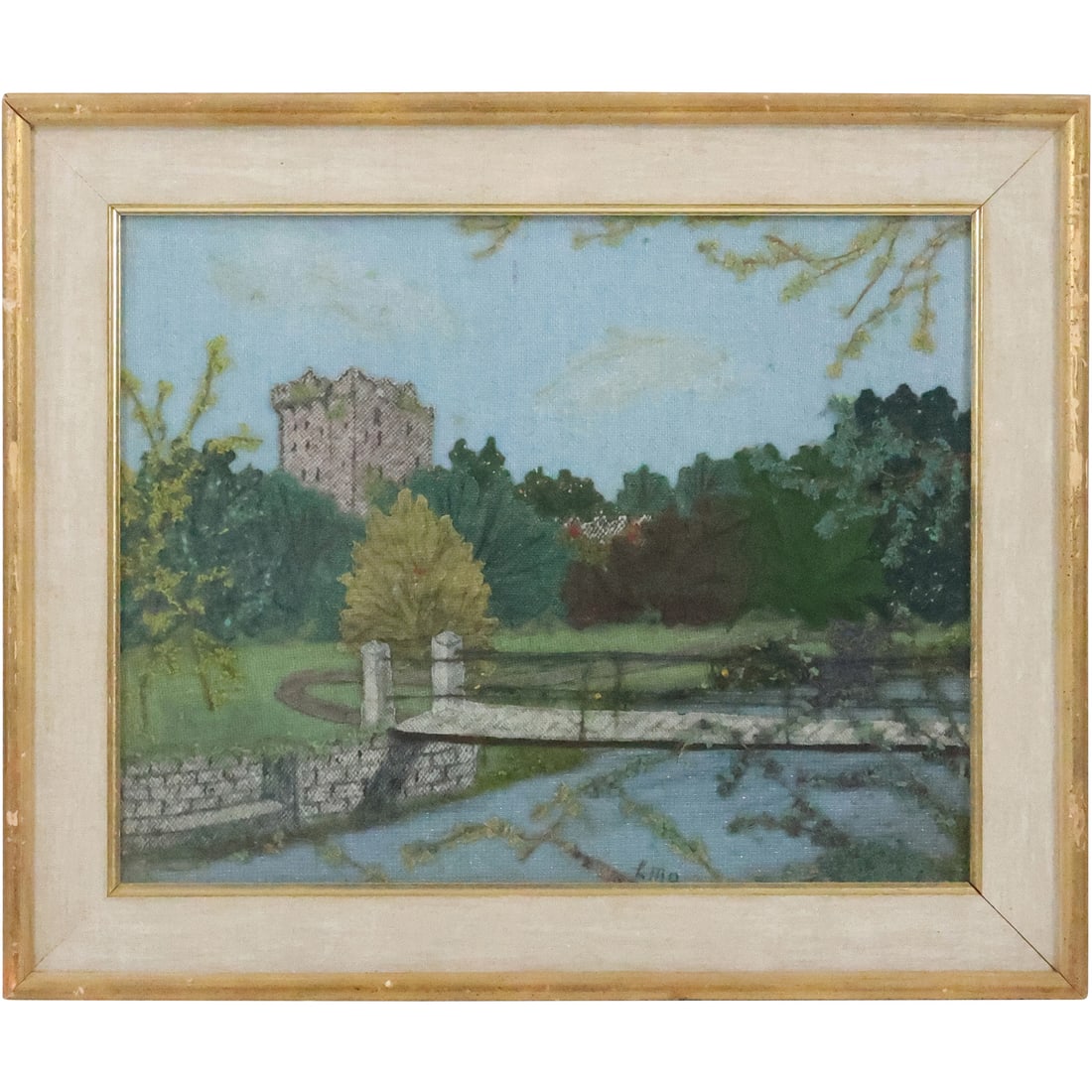 20thC. American Two-Dimensional Embroidery Signed, Bridge in Central Park: 20thC. American Two-Dimensional Embroidery Signed. Two-dimensional embroidery. Depicting a Bridge in Central Park. signed with initials L.M.B.; 12in. X 15in.(image), 15.5in. X 18.5in.(framed)