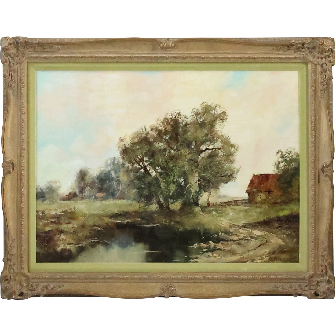 A Berber, Germany, Vintage Oil on Canvas Painting Country Landscape with Tree and Pond (1 of 20)