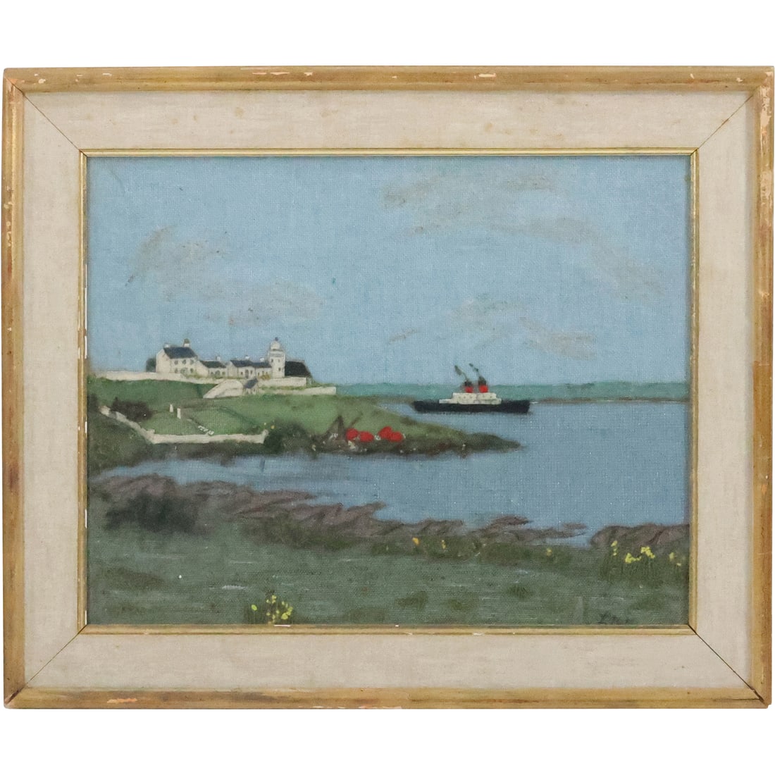 20thC. American Two-Dimensional Embroidery Signed, Long Island Coastal View with Ship (1 of 20)