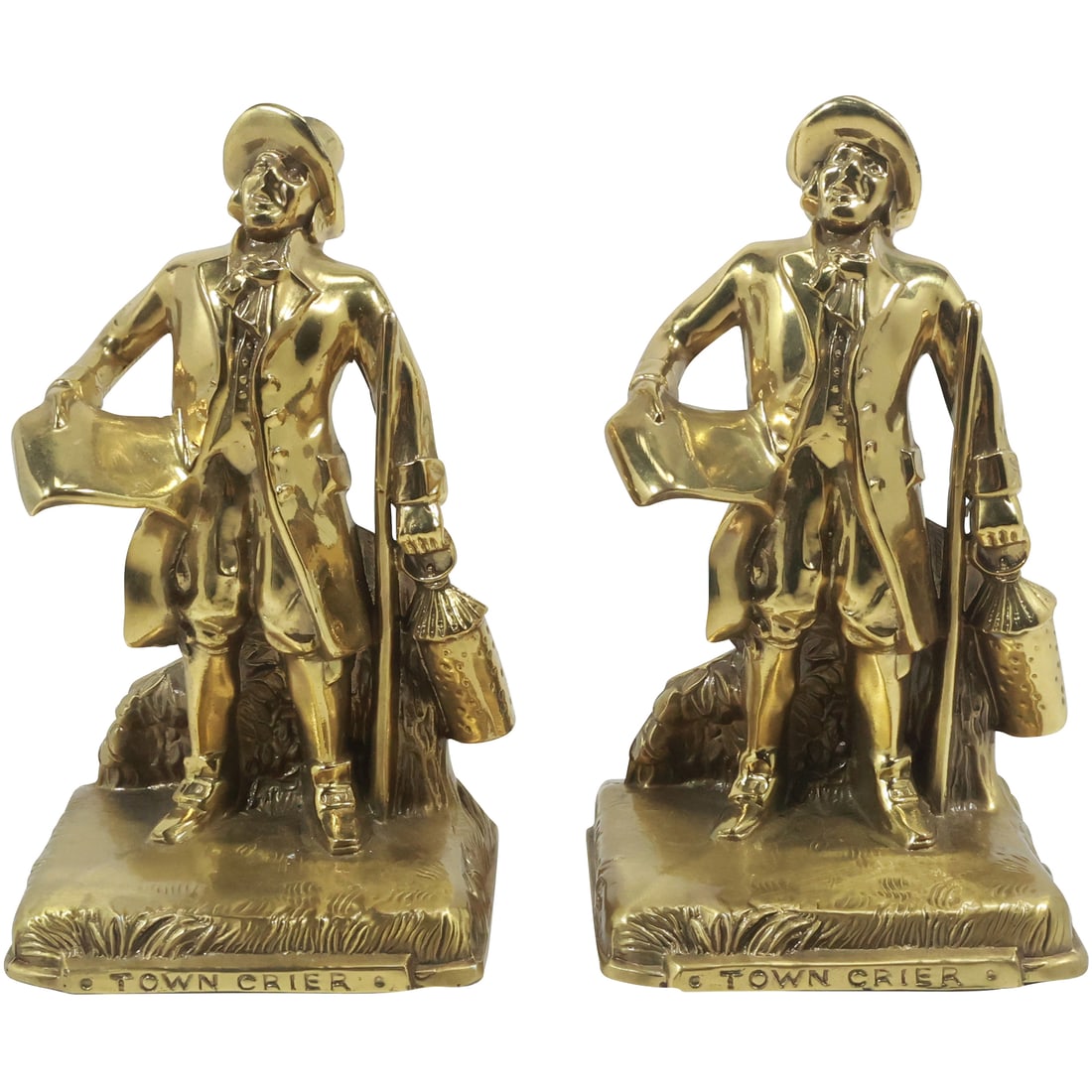 Cast Metal TOWN CRIER Figure Bookends with Brass Patina by P M Craftsman, Label on Base (1 of 20)