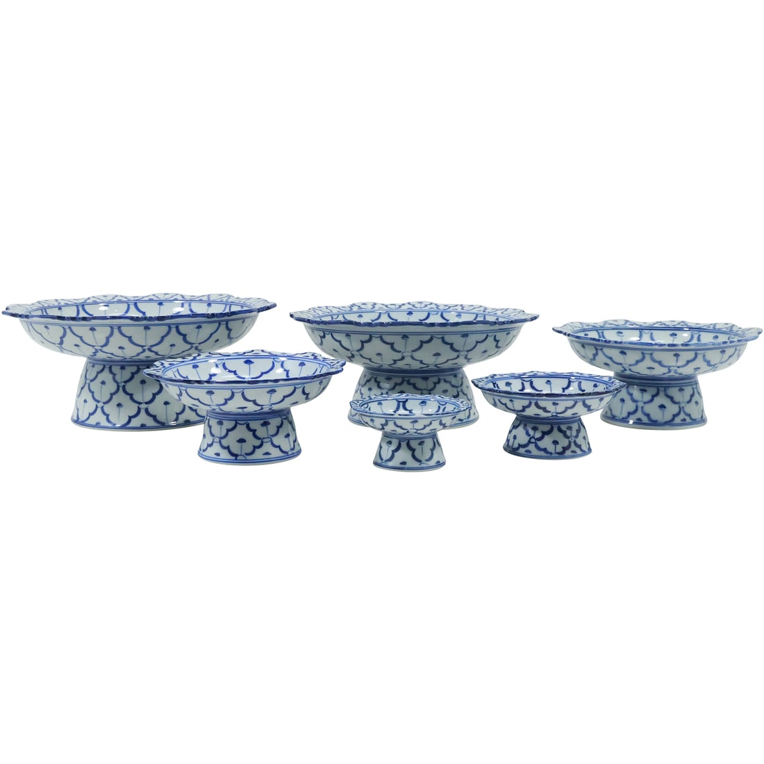6 Assorted Sizes Thailand Blue and White Pedestal Base Dishes (1 of 19)