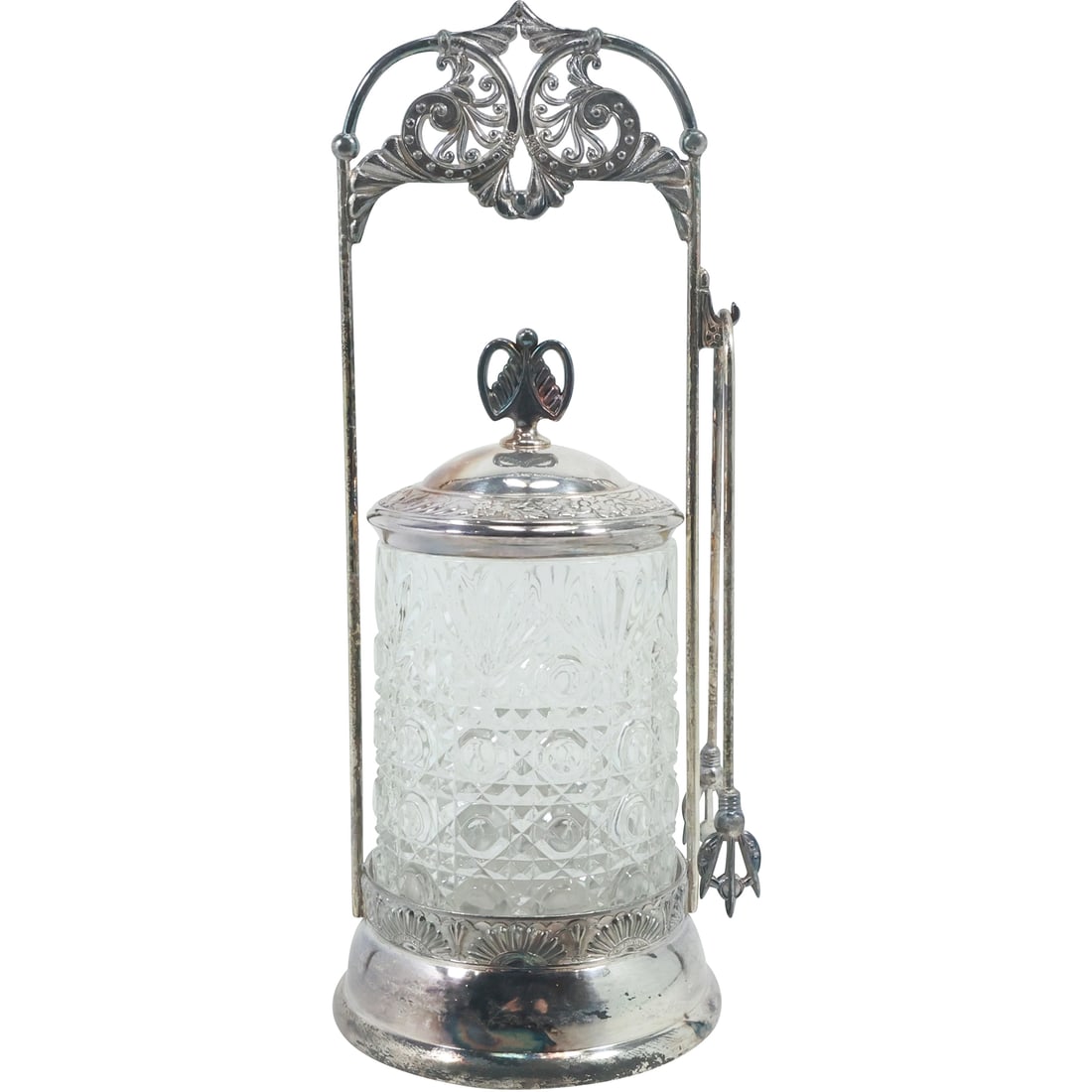 Victorian Silver Plate Framed Pickle Jar with Daisy & Button Glass Jar, Cover and Tongs (1 of 17)