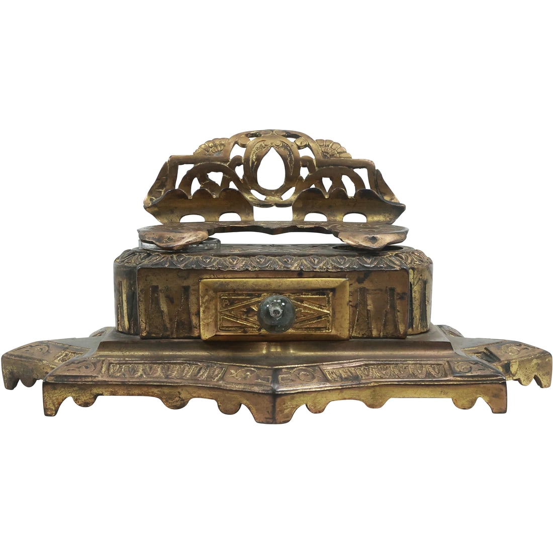 19th C Victorian Aesthetic Movement Desk Top Double Inkwell Pen Rest in Original Patina (1 of 16)