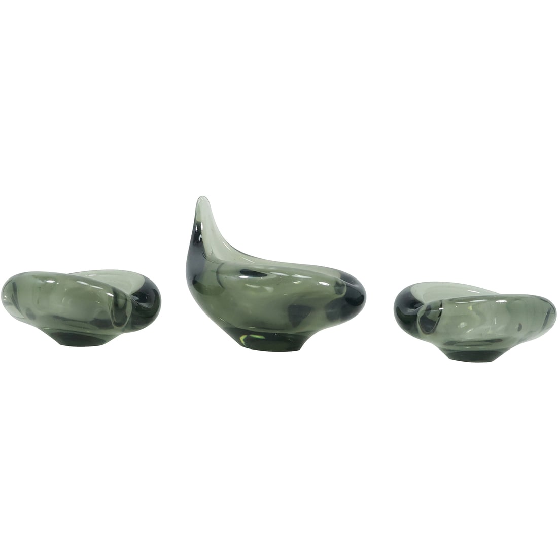 3 HOLMGAARD Danish Modern Smoked Glass Ashtrays Signed: 3 HOLMGAARD Danish Modern Smoked Glass Ashtrays Signed. size: 4.5x5.75 (1x), 1.75x4.75 (2x smaller)
