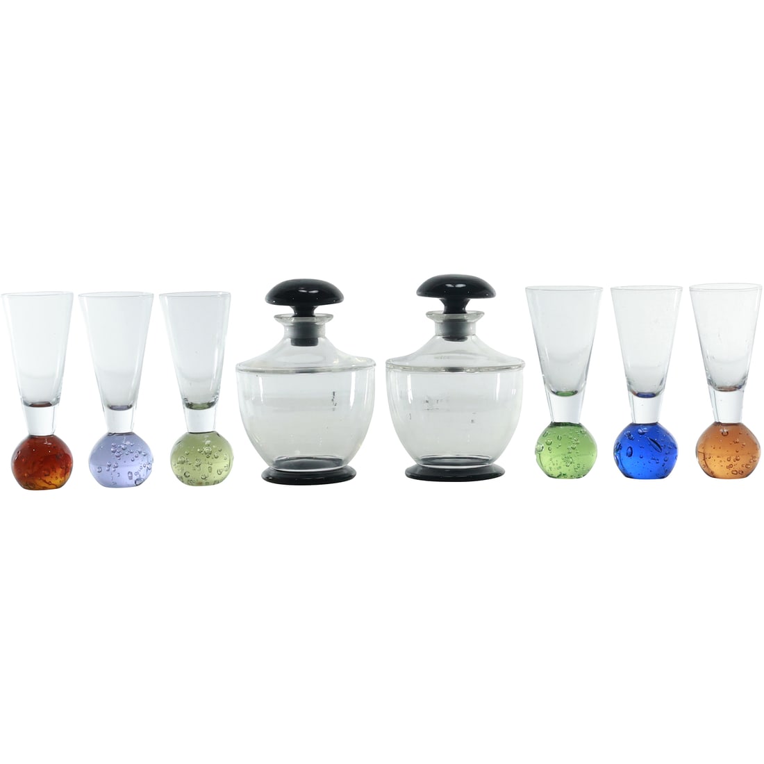 2 Glass Perfume Bottles Black Bases and Stoppers & Set 6 Multi Colored Vodka Glasses Barware (1 of 19)