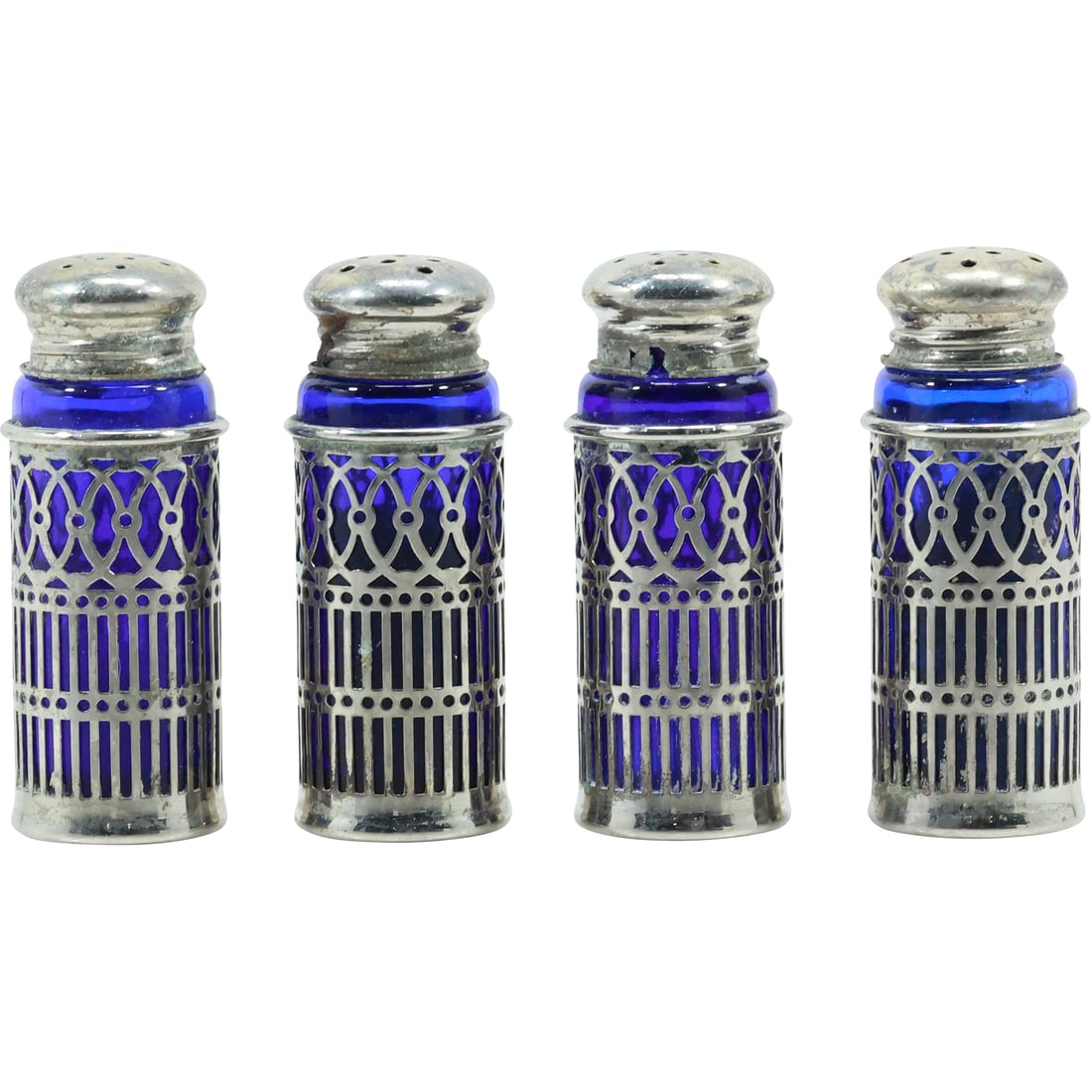 2 Pair F B Rogers Silver Plate with Cobalt Blue Glass Liners Salt & Pepper Shakers (1 of 20)