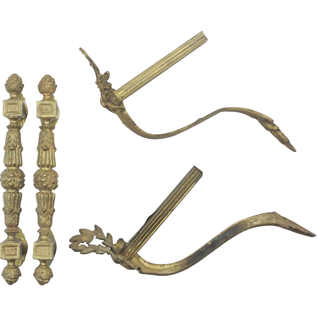 4 Pcs. Antique Brass Architectural: 2 Handles and 2 Curtain Backs (1 of 17)