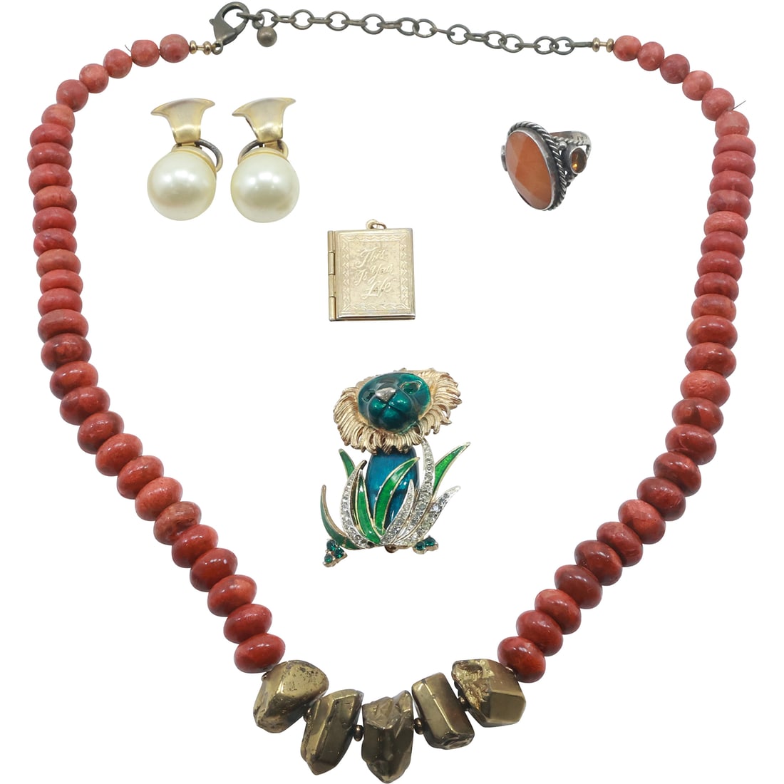 6 Pieces Assorted Estate Jewelry: Necklace, Sterling Ring, Lion Brooch, Earring, Locket (1 of 20)